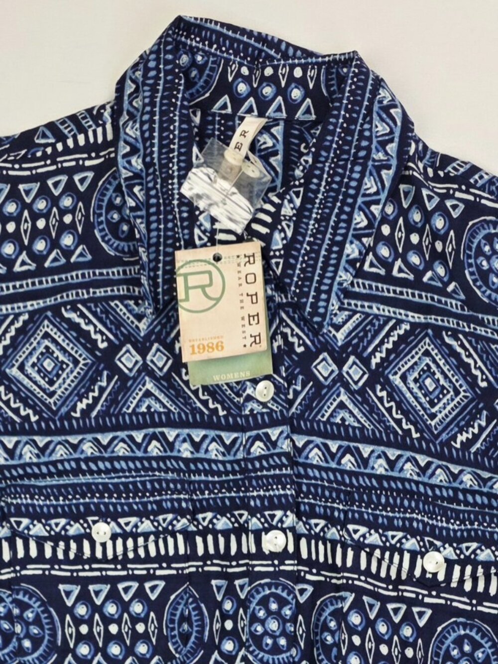 Roper Blue White Pattern Sz XS Womens Long Sleeve Rayon Pocket Western Shirt NWT